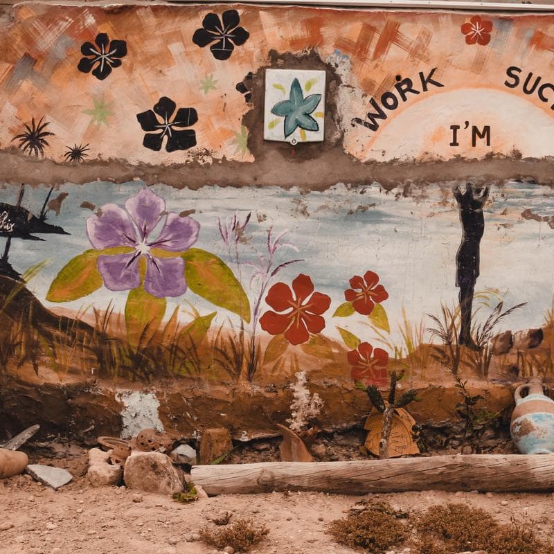 A painted flower mural on a wall in Imsouane