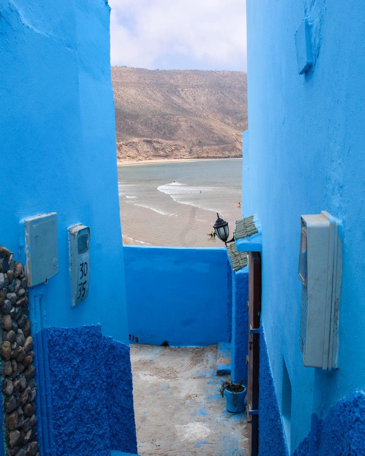 The blue lane running from the village down to Imsouane bay